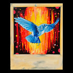 A colorful painting of a blue bird in flight against a fiery red, orange, and yellow background, presented on a cream-colored canvas or print with a Polaroid-style border.
