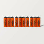 Row of 10 orange lighters with 'The Needful Music' branding on a white background