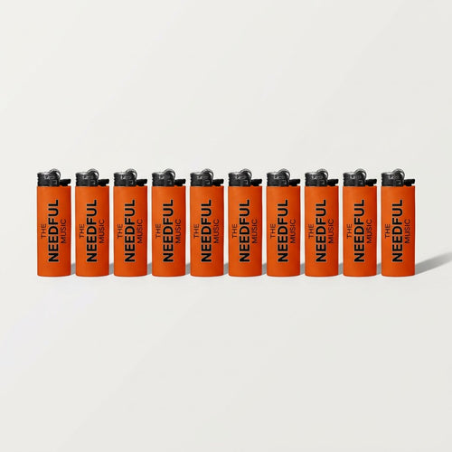 Row of 10 orange lighters with 'The Needful Music' branding on a white background