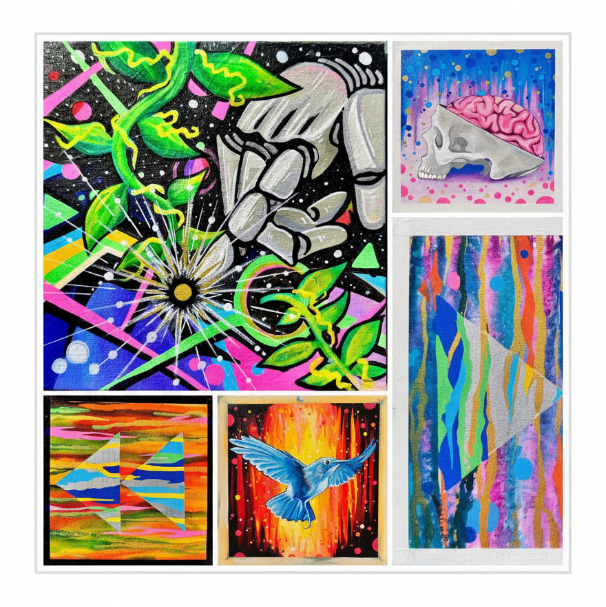 A collage of five colorful abstract and surreal art prints or paintings, including a skeletal hand with neon green leaves, a skull with a pink brain, vertical rainbow streaks, geometric shapes, and a blue bird over a fiery orange background.