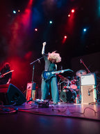 Canadian band The Needful, Glenn on stage with raised fist, surrounded by band equipment under colorful lights